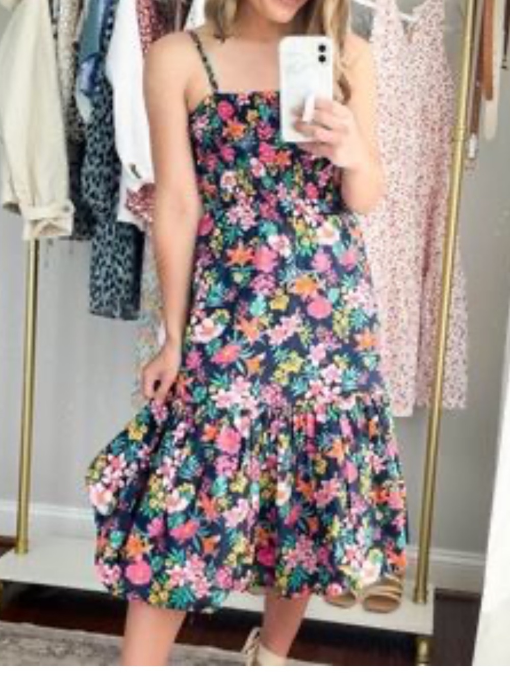 J crew floral multi color blue smocked midi dress size m P boho